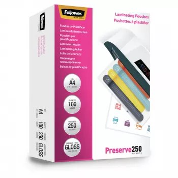 Fellowes A4 blizgus 250 mikronų laminavimo maišelis - 100 pakuotė, blizgus, permatomas, A4, 0,25 mm, 210 mm, 1 mm