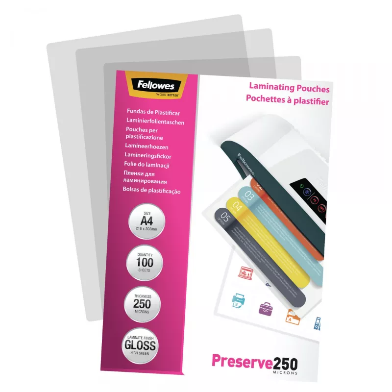 Fellowes A4 blizgus 250 mikronų laminavimo maišelis - 100 pakuotė, blizgus, permatomas, A4, 0,25 mm, 210 mm, 1 mm