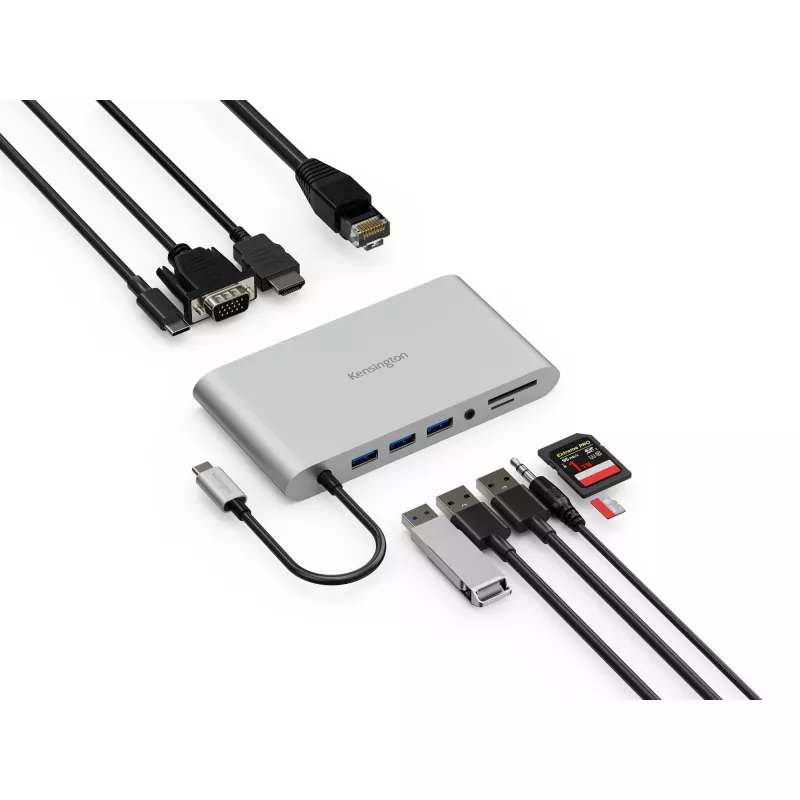 Kensington UH1440P USB-C 5Gbps dviejų vaizdo išvesčių mobilus dokas be tvarkyklių – 85W pralaidus maitinimas – DP/HDMI/VGA