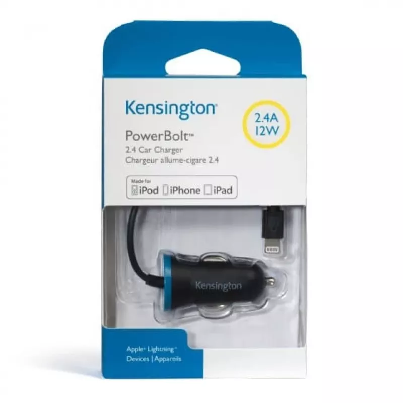 Kensington PowerBolt™ 2.4 automobilinis įkroviklis — juodas, automobilinis, cigarečių degiklio lizdas, 1 m, juodas