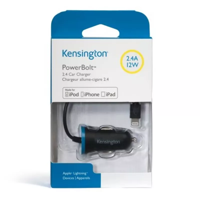 Kensington PowerBolt™ 2.4 automobilinis įkroviklis — juodas, automobilinis, cigarečių degiklio lizdas, 1 m, juodas