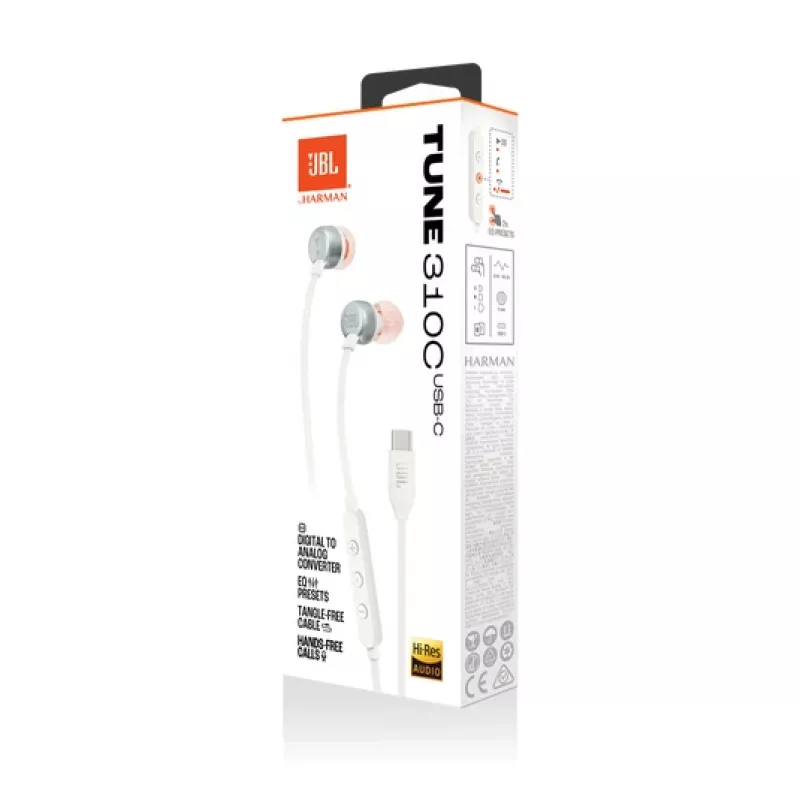 JBL Tune 310C ausinės su laidu į ausis skambučiams / muzikai USB Type-C baltos