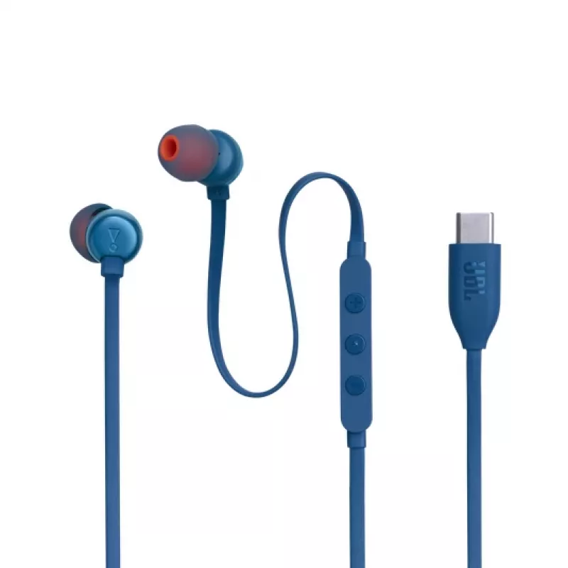 JBL Tune 310C USB ausinės su mikrofonu, laidinės, į ausis įdedamos, skambučiams/muzikai, USB Type-C, mėlynos