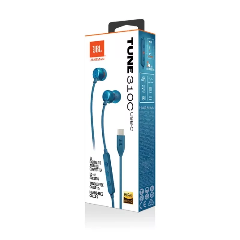 JBL Tune 310C USB ausinės su mikrofonu, laidinės, į ausis įdedamos, skambučiams/muzikai, USB Type-C, mėlynos