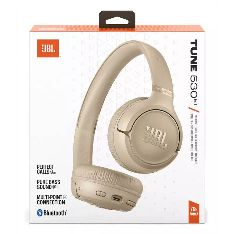 JBL Tune 530BT belaidės ausinės su galvos lankeliu, skirtos skambučiams / muzikai, USB Type-C, Bluetooth, smėlinės