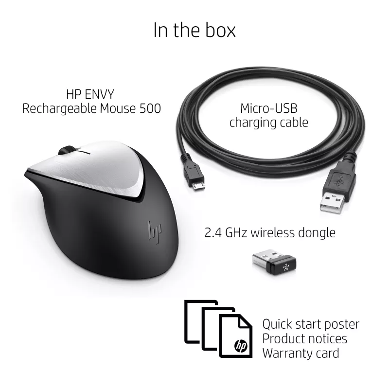 “HP ENVY Rechargeable pelė 500”, abiem rankoms tinkama, lazeris, RF belaidis, 1600 DPI, juoda, pilka
