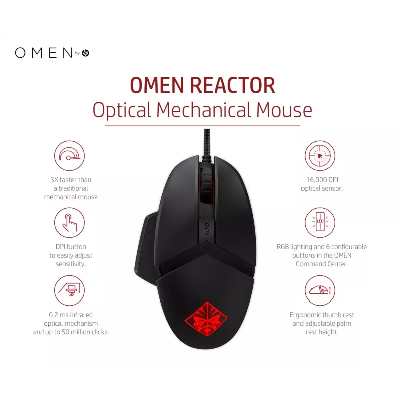 HP OMEN by Reactor pelė, dešiniarankiams, optinė, USB Type-A, 16000 DPI, 0,2 ms, juoda