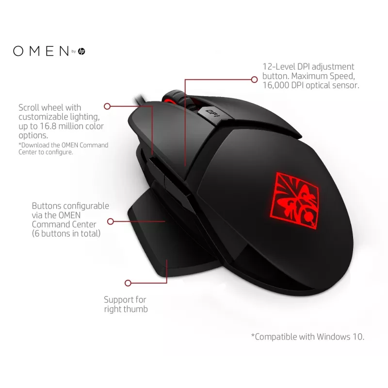 HP OMEN by Reactor pelė, dešiniarankiams, optinė, USB Type-A, 16000 DPI, 0,2 ms, juoda
