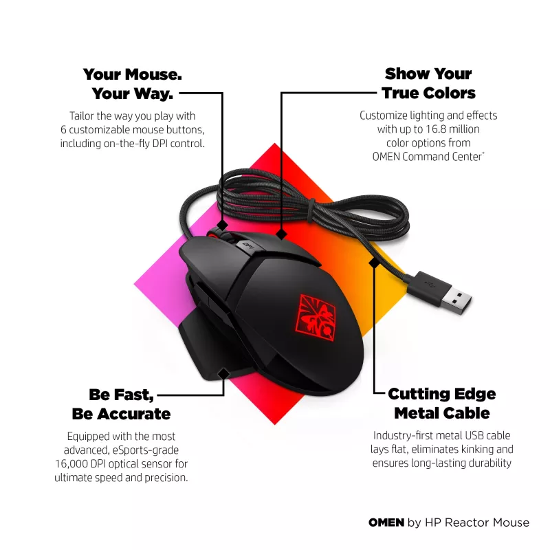 HP OMEN by Reactor pelė, dešiniarankiams, optinė, USB Type-A, 16000 DPI, 0,2 ms, juoda