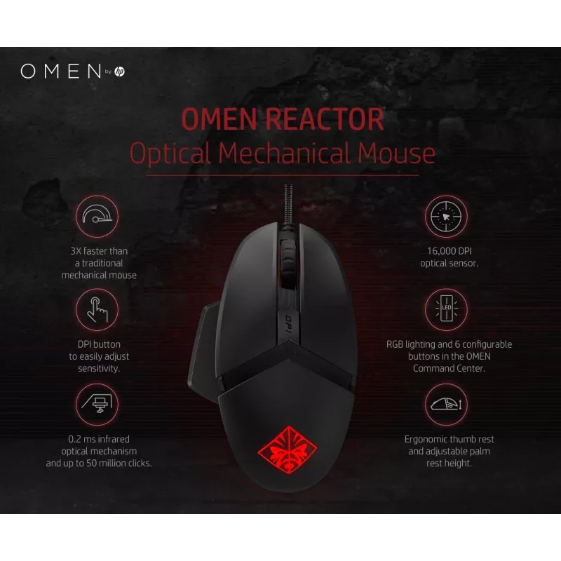 HP OMEN by Reactor pelė, dešiniarankiams, optinė, USB Type-A, 16000 DPI, 0,2 ms, juoda