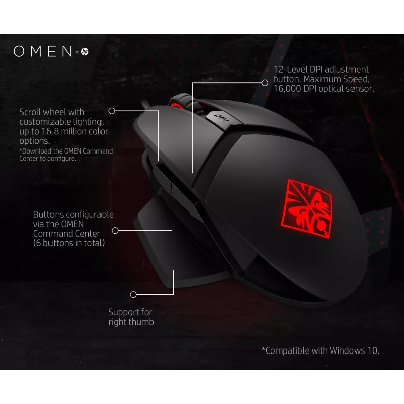 HP OMEN by Reactor pelė, dešiniarankiams, optinė, USB Type-A, 16000 DPI, 0,2 ms, juoda