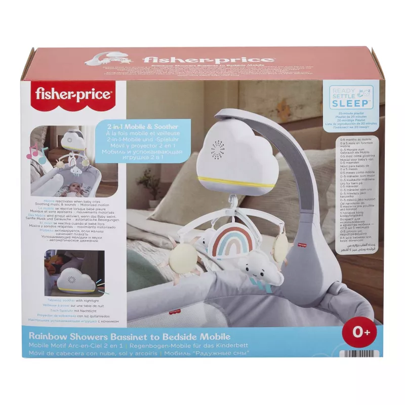 Fisher-Price Rainbow Showers Bassinet to Bedside Mobile, lovytė, garsas, naktinė lemputė, integruotas laikmatis, audinys, plastikas