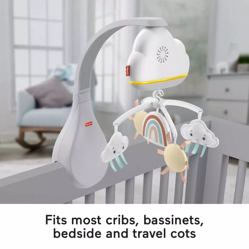 Fisher-Price Rainbow Showers Bassinet to Bedside Mobile, lovytė, garsas, naktinė lemputė, integruotas laikmatis, audinys, plastikas