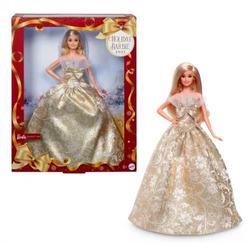Barbie Signature 2025 m. šventinė mados lėlė, sezoninė kolekcinė, blondinė su sidabro ir aukso spalvų suknele