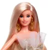 Barbie Signature 2025 m. šventinė mados lėlė, sezoninė kolekcinė, blondinė su sidabro ir aukso spalvų suknele