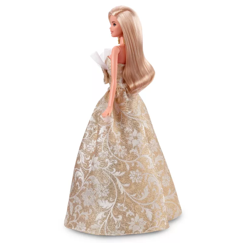 Barbie Signature 2025 m. šventinė mados lėlė, sezoninė kolekcinė, blondinė su sidabro ir aukso spalvų suknele