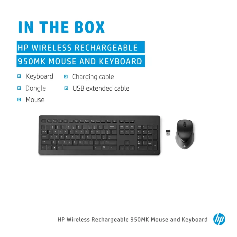 HP belaidė įkraunama 950MK pelė ir klaviatūra, pilno dydžio belaidė mechaninė
