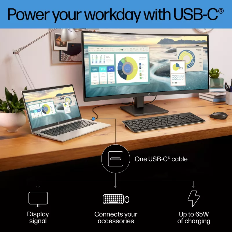 HP P34hc G4 WQHD USB-C lenktas monitorius, 86,4 cm (34 colių), 3440 x 1440 pikselių, Wide Quad HD, LCD, 5 ms, juodas