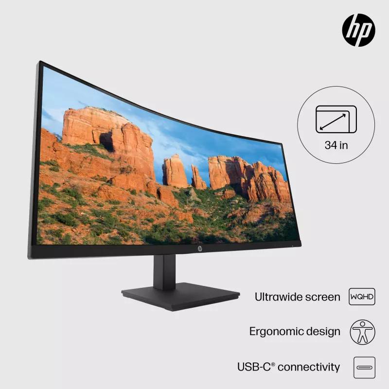 HP P34hc G4 WQHD USB-C lenktas monitorius, 86,4 cm (34 colių), 3440 x 1440 pikselių, Wide Quad HD, LCD, 5 ms, juodas