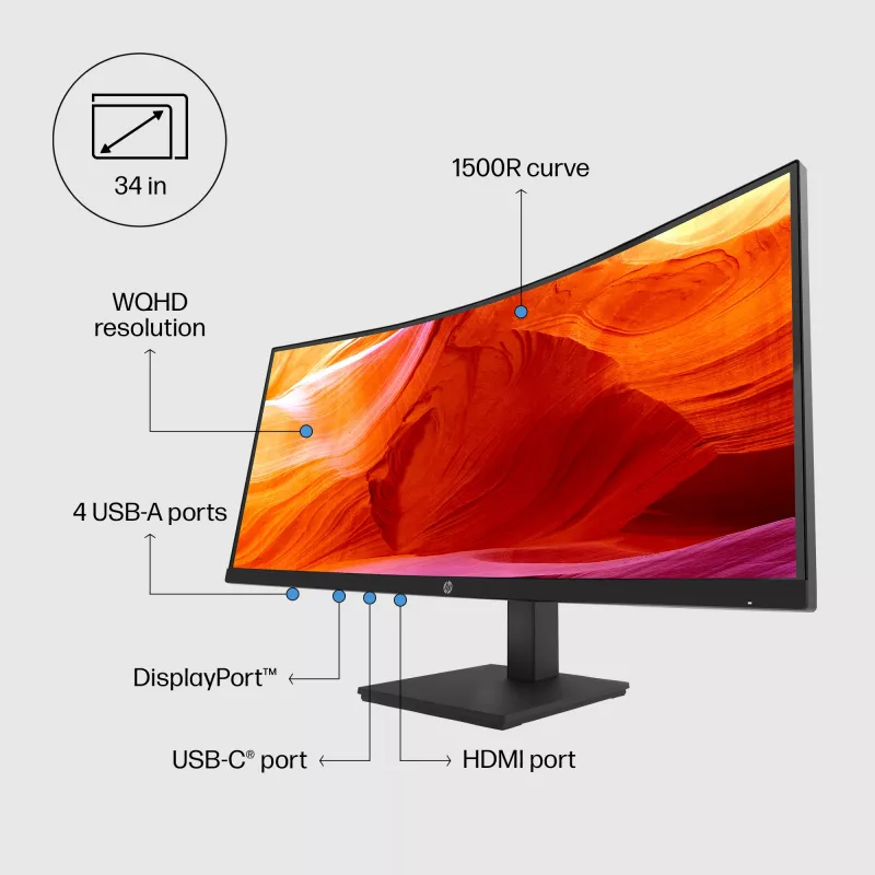 HP P34hc G4 WQHD USB-C lenktas monitorius, 86,4 cm (34 colių), 3440 x 1440 pikselių, Wide Quad HD, LCD, 5 ms, juodas