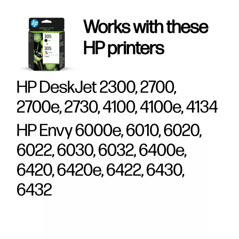 HP 305 2 pakuotės trijų spalvų/juodas Originalius rašalo kasetė, Juoda, Žalsvai mėlyna, Purpurinė, Geltona, Dažų pagrindo rašalas, Pigmentinis rašalas, 2 vnt., 120 puslapių, 100 puslapių
