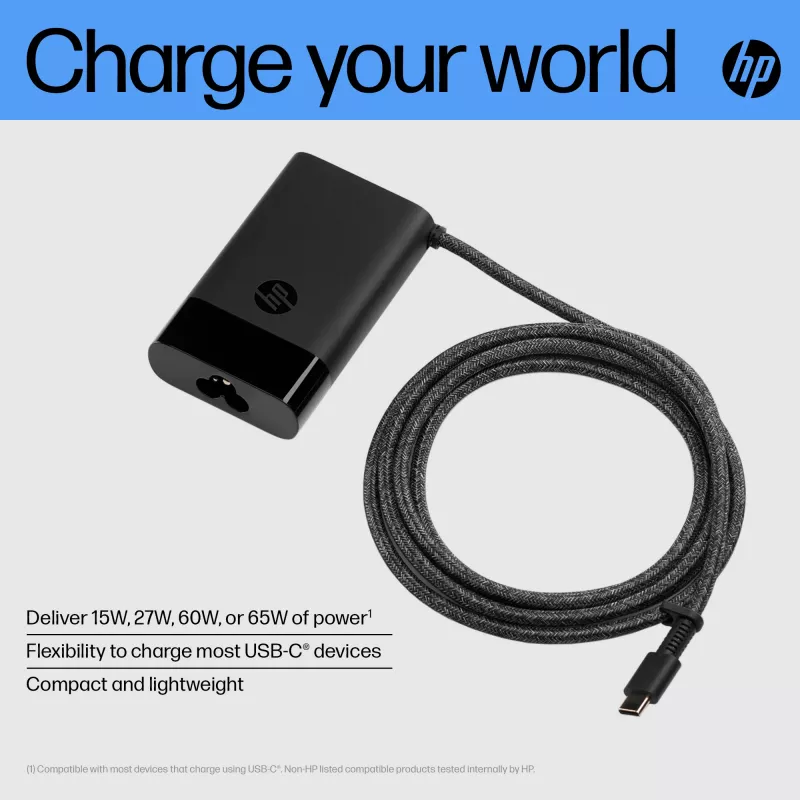 HP USB-C 65W nešiojamojo kompiuterio įkroviklis, Nešiojamas kompiuteris, Vidinis, 90 V, 65 W, 5 - 20 V, 1.6 A
