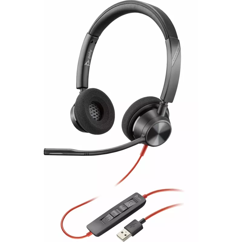 HP Poly Poly Juodawire 3320 USB-A ausinės, laidinės, biurui/skambučių centrui, 130 g, ausinės, juodos