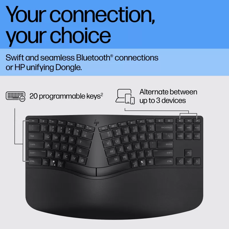 HP 965 ergonomiškas belaidis klaviatūra, pilno dydžio (100%), belaidis, RF belaidis + Bluetooth, membraninė, juoda