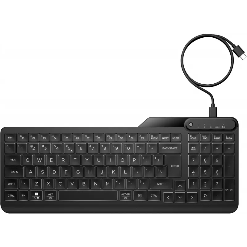 HP 405 kelių įrenginių apšviečiama laidinė klaviatūra, pilno dydžio (100 %), laidinė, USB, membraninė, juoda