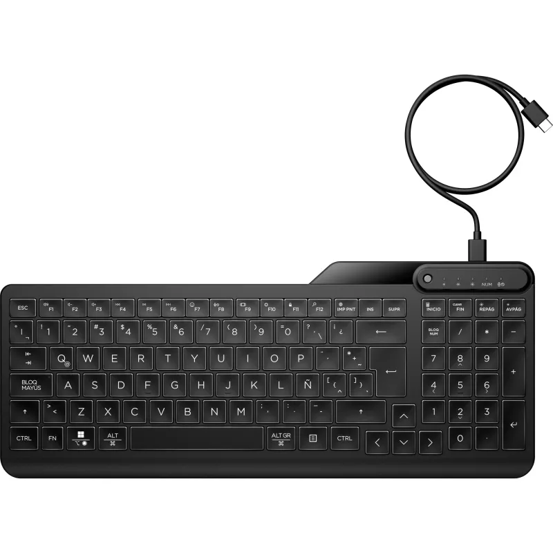 HP 405 kelių įrenginių apšviečiama laidinė klaviatūra, pilno dydžio (100 %), laidinė, USB, membraninė, juoda