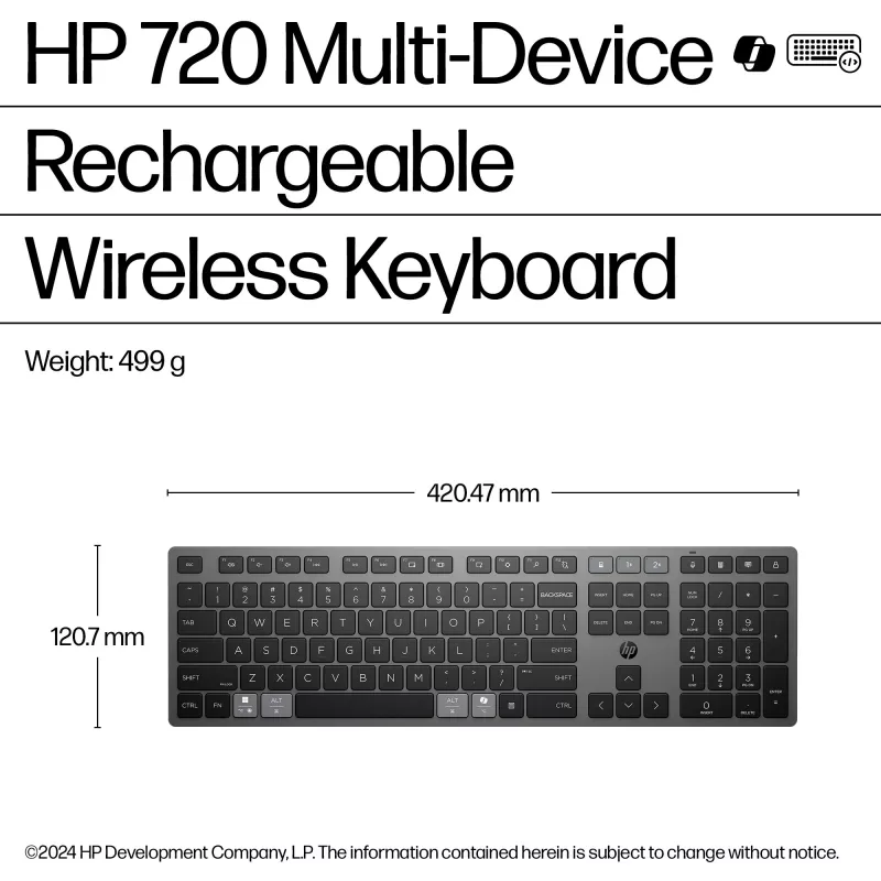 HP 720 kelių įrenginių įkraunama belaidė klaviatūra, pilno dydžio (100 %), belaidė, USB + Bluetooth, mechaninė, QWERTY, juoda