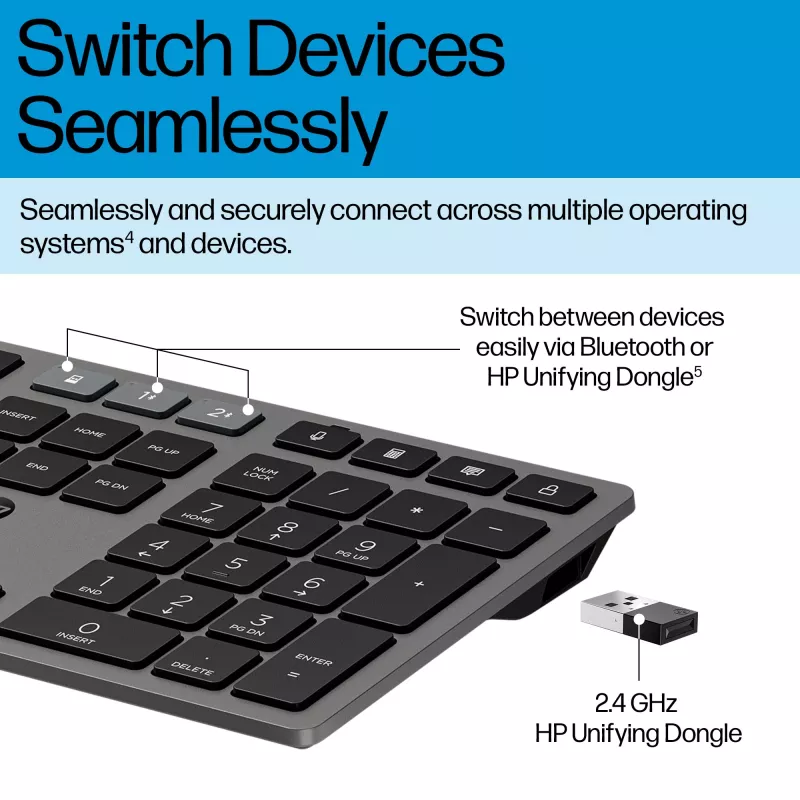 HP 720 kelių įrenginių įkraunama belaidė klaviatūra, pilno dydžio (100 %), belaidė, USB + Bluetooth, mechaninė, QWERTY, juoda