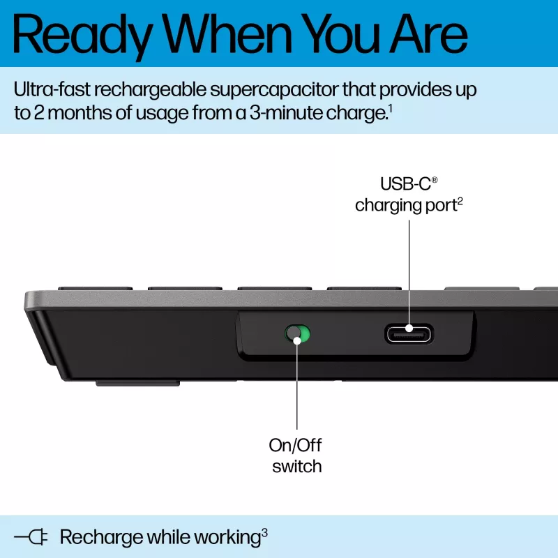 HP 720 kelių įrenginių įkraunama belaidė klaviatūra, pilno dydžio (100 %), belaidė, USB + Bluetooth, mechaninė, QWERTY, juoda