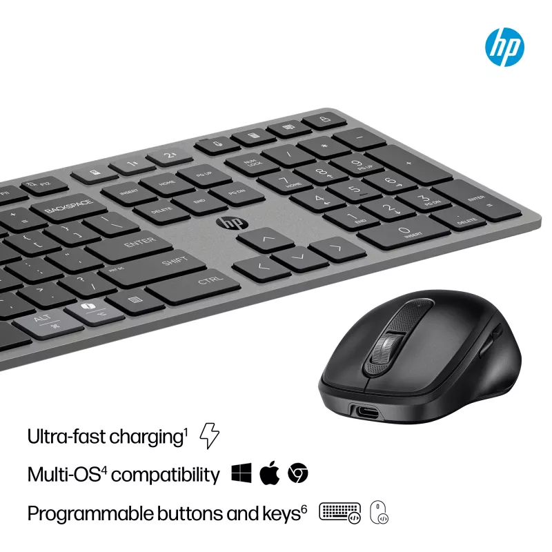 HP 725 kelių įrenginių įkraunamas belaidis klaviatūros ir pelės rinkinys, pilno dydžio belaidis Bluetooth