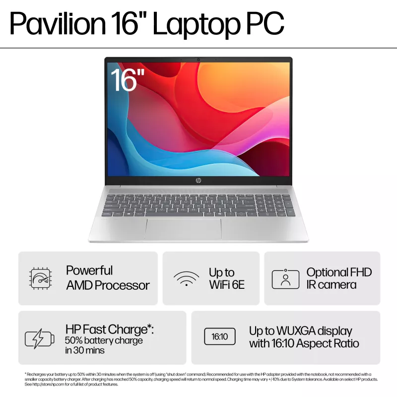 HP Pavilion 16-ag0009na AMD Ryzen™ 5 8540U nešiojamasis kompiuteris 40,6 cm (16 colių) jutiklinis ekranas 2K 8 GB LPDDR5-SDRAM Wi-Fi 6 (802.11ax) Windows 11 Home mėlynas (atnaujinta prekė)