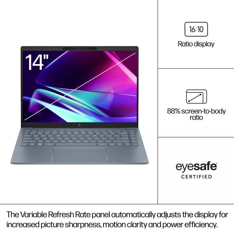 HP Pavilion Plus 14-ew1006na Intel Core Ultra 5 125H Nešiojamasis kompiuteris 35,6 cm (14 colių) WQXGA 16 GB LPDDR5x-SDRAM 512 GB SSD Wi-Fi 6E (802.11ax) Windows 11 Home AI PC Sidabrinė (atnaujinta prekė)
