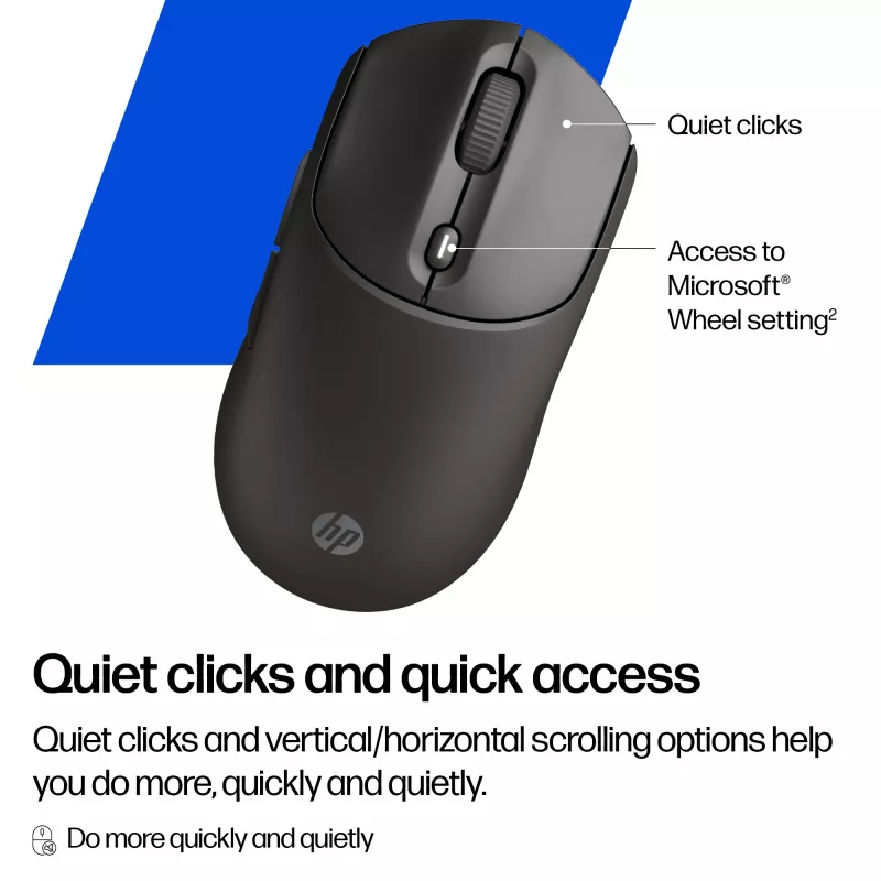 Belaidė pelė HP 405 Quiet — abiem rankoms tinkama, optinė 1200 DPI, RF belaidis ryšys + Bluetooth, 5 mygtukai, maitinama baterijomis, juoda