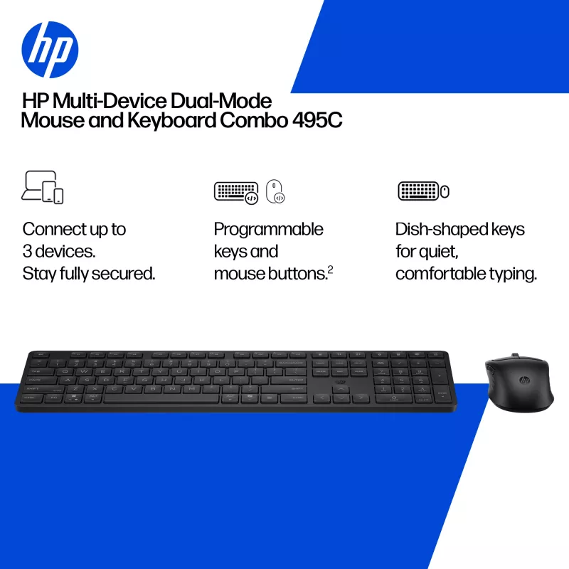 Klaviatūros ir pelės rinkinys HP 495C — viso dydžio belaidė klaviatūra, kelių įrenginių pelė, USB/RF/Bluetooth, juoda