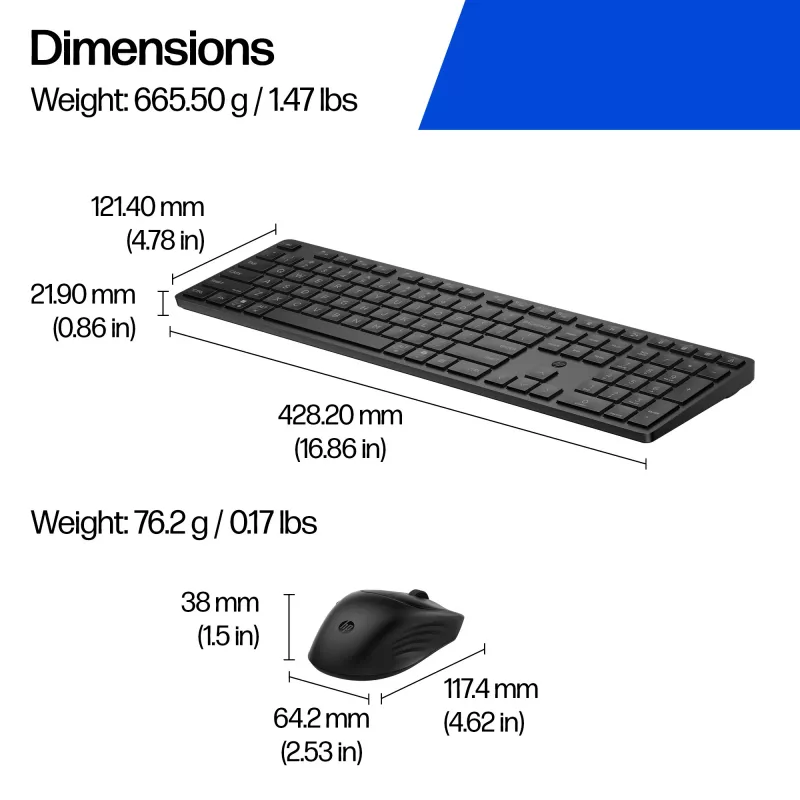 Klaviatūros ir pelės rinkinys HP 495C — viso dydžio belaidė klaviatūra, kelių įrenginių pelė, USB/RF/Bluetooth, juoda