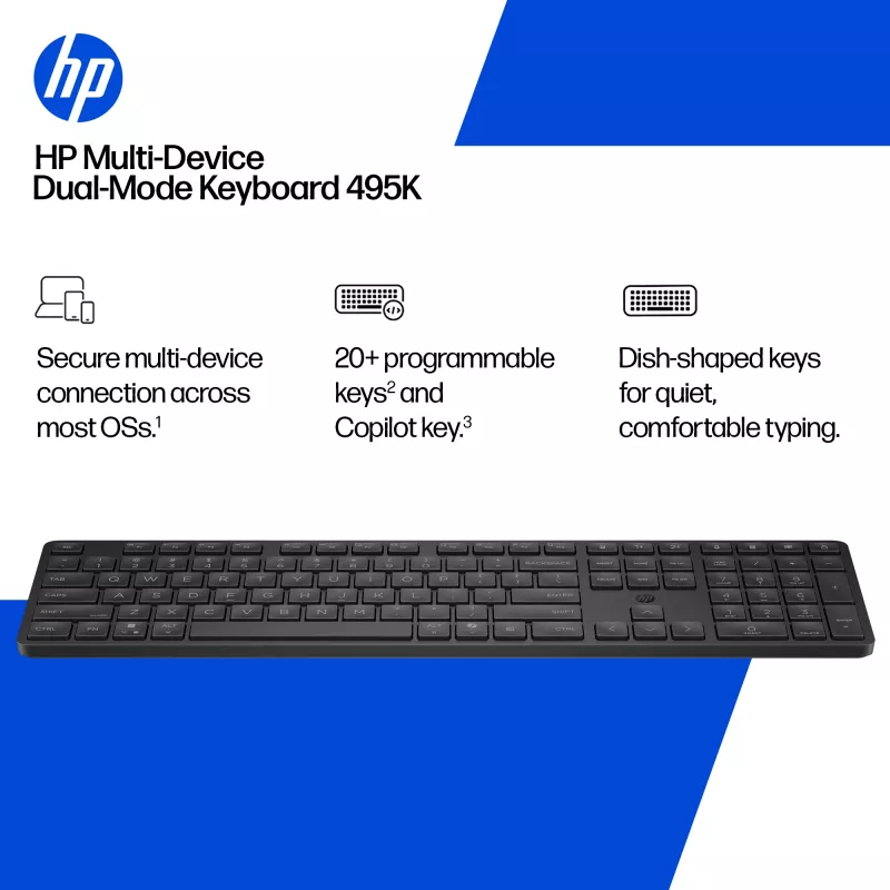 HP 495K kelių įrenginių dviejų režimų klaviatūra, pilno dydžio (100 %), belaidė, USB + Bluetooth, juoda