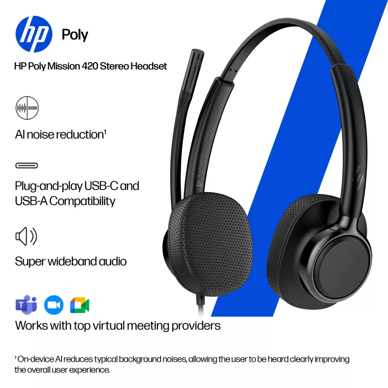 HP Poly Mission 415 monofoninis USB laidinis ausinių komplektas (masinis), 99 g, juodas