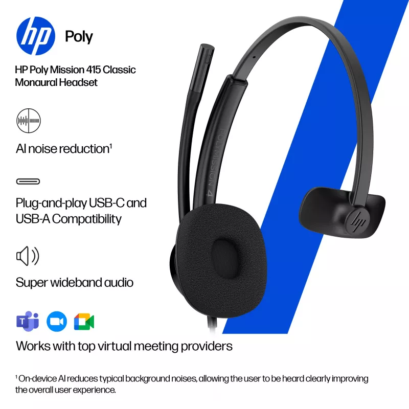 HP Poly Mission 415 monofoninis USB laidinis ausinių komplektas (masinis), 99 g, juodas