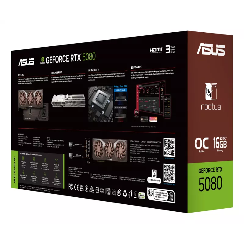 Vaizdo plokštė ASUS GeForce RTX 5080 16 GB GDDR7, PCIe 5.0, 256 bitų, 385×80×151 mm, 3 ventiliatoriai, 16 kontaktų maitinimas