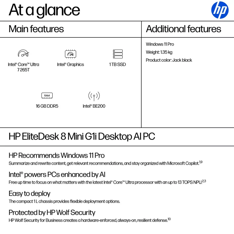 Mini PC HP EliteDesk 8 Mini G1i AI — Intel Core Ultra 7 265T, 16 GB DDR5, 1 TB SSD, Windows 11 Pro, Juoda