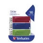 Verbatim Slider – USB atmintinė – 3x16 GB – mėlyna/raudona/žalia, 16 GB, USB Type-A, 2.0, slankioji, 8 g, mėlyna, raudona, žalia