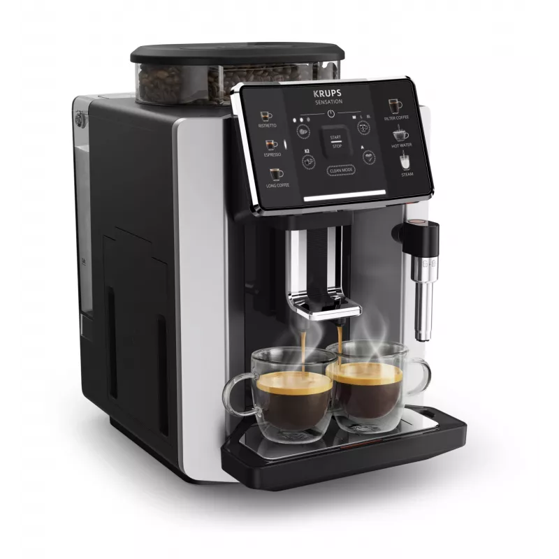 Espreso aparatas KRUPS Sensation EA910E — visiškai automatinis, 1,7 l vandens bakelis, įmontuotas malūnėlis, 2 snapeliai, 1450 W