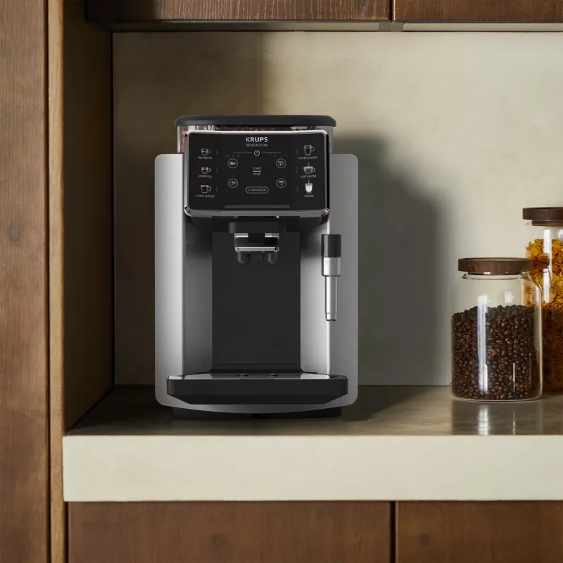 Espreso aparatas KRUPS Sensation EA910E — visiškai automatinis, 1,7 l vandens bakelis, įmontuotas malūnėlis, 2 snapeliai, 1450 W