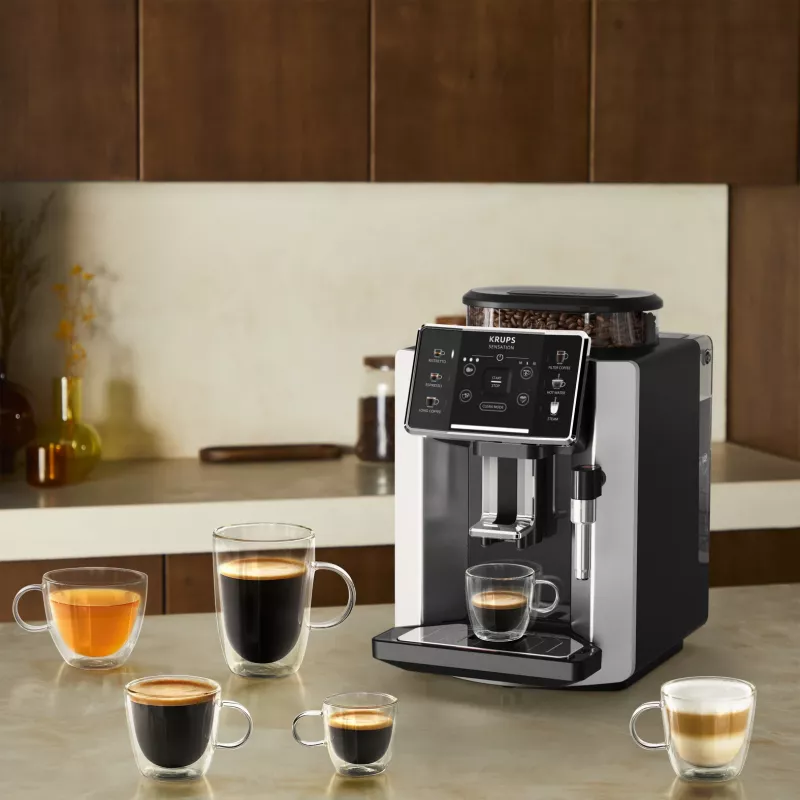 Espreso aparatas KRUPS Sensation EA910E — visiškai automatinis, 1,7 l vandens bakelis, įmontuotas malūnėlis, 2 snapeliai, 1450 W
