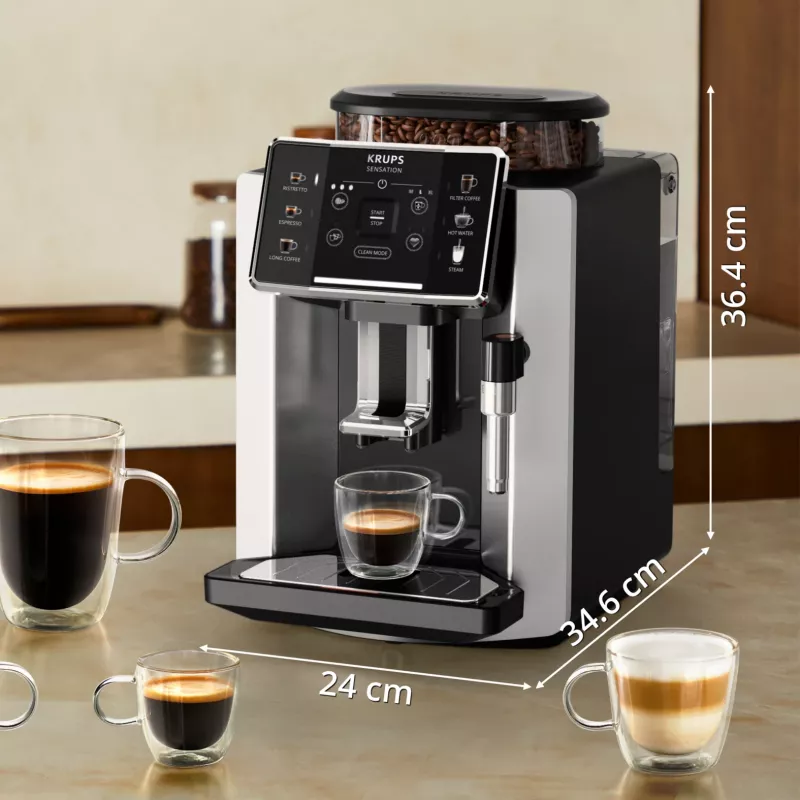 Espreso aparatas KRUPS Sensation EA910E — visiškai automatinis, 1,7 l vandens bakelis, įmontuotas malūnėlis, 2 snapeliai, 1450 W