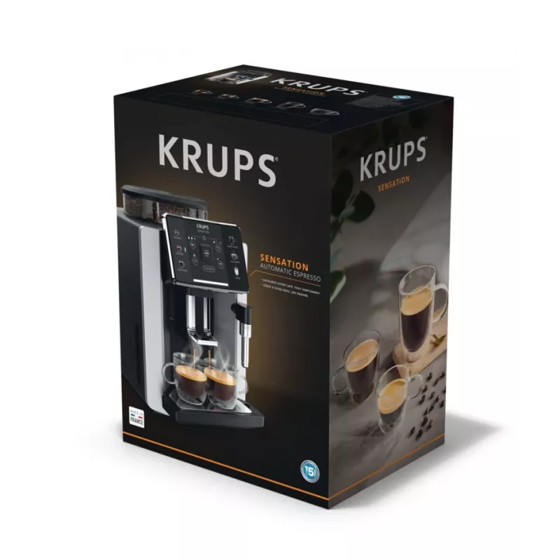 Espreso aparatas KRUPS Sensation EA910E — visiškai automatinis, 1,7 l vandens bakelis, įmontuotas malūnėlis, 2 snapeliai, 1450 W